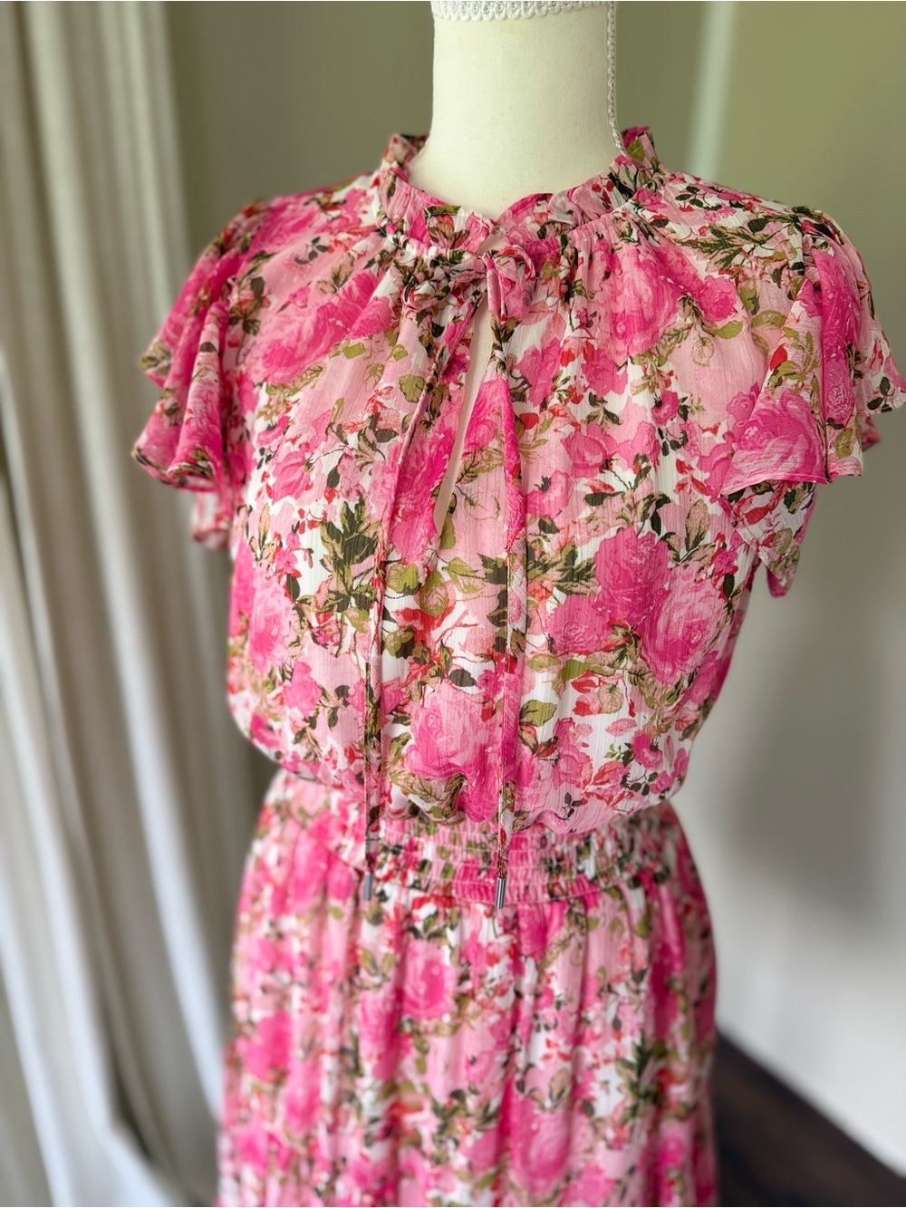 MSK Smocked Waist Tie Crew Neck Dress Pink Floral Ruffle Mini Dress fairycore S - Picture 5 of 12